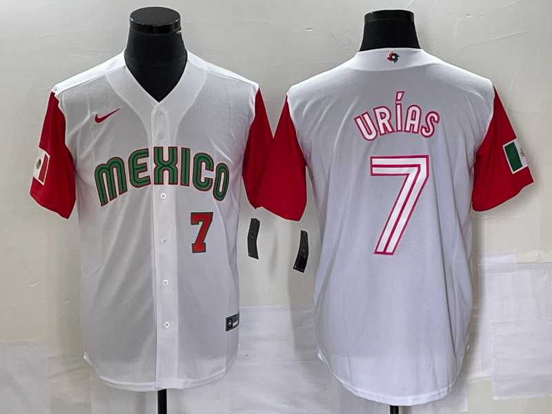 Mens Mexico Baseball #7 Julio Urias Number 2023 White Red World Classic Stitched Jersey42->2023 world baseball classic->MLB Jersey